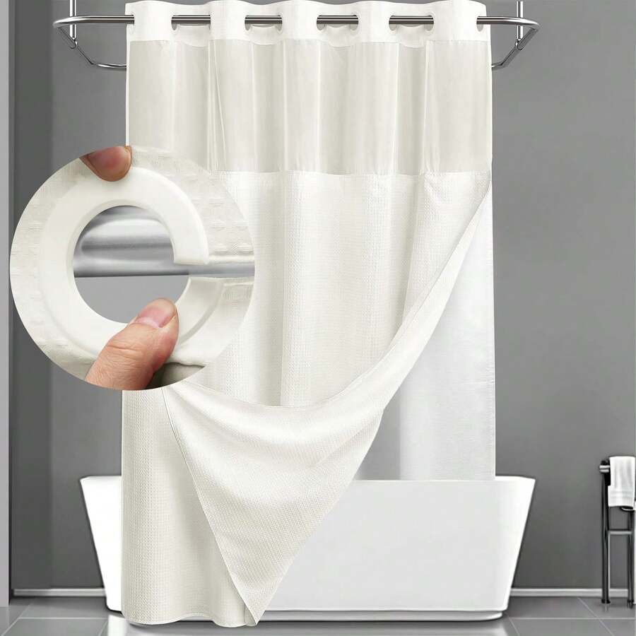 1PC Waffle Double Woven Shower Curtain, No Hook, Clear Top Window Hookless Shower Curtain With Snap Lined Waffle Shower Curtain Hotel Style Double Layer Machine Washable And Easy To Clean Bathroom Partition 72" X 75". - 奶油白 - 查看 1