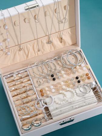 91 件/套时尚优雅心形、蝴蝶、星星设计仿珍珠项链、手链、戒指、耳环 5 合 1 首饰套装，是送给女性、情人节、母亲节（无盒）、妈妈、母亲、母亲节、礼物的完美礼物