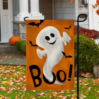 Spooky Season Välkommen: Dubbelsidig Halloween Ghost Garden Flagga - Slitstarkt linne, vattentät utomhusgräsmatta och verandadekor, 12X18 tum