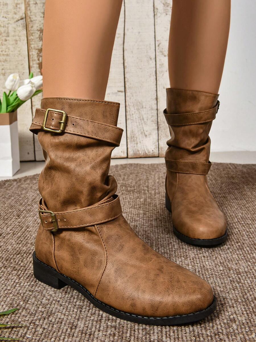 Botas hasta el tobillo de talla grande, nuevo diseño de moda de punta redonda, tacón ancho, botas cortas vintage negras para otoño/invierno - Marrón - Ver 1