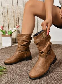 Botas hasta el tobillo de talla grande, nuevo diseño de moda de punta redonda, tacón ancho, botas cortas vintage negras para otoño/invierno - Marrón - Ver 4