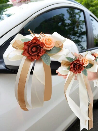 1pc Rose Fabric Decorative Flower, Suitable For Wedding, Car Rearview Mirror, Door Handle, Chair Back Etc., With Suction Cup, Valentine's Day Gift