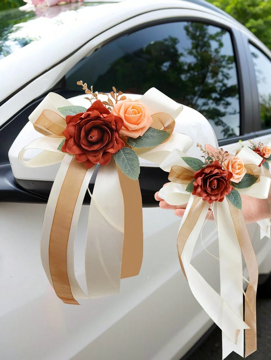 1pc Rose Fabric Decorative Flower, Suitable For Wedding, Car Rearview Mirror, Door Handle, Chair Back Etc., With Suction Cup, Valentine's Day Gift