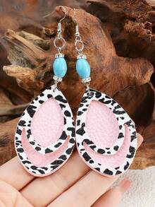 1 Đôi Bông Tai Da Báo & Họa Tiết Bohemian Có Điểm Nhấn Màu Ngọc Lam, Bông Tai Lủng Lủng Nhẹ Phong Cách Phương Tây Dành Cho Nữ - bông tai da - Xem 6