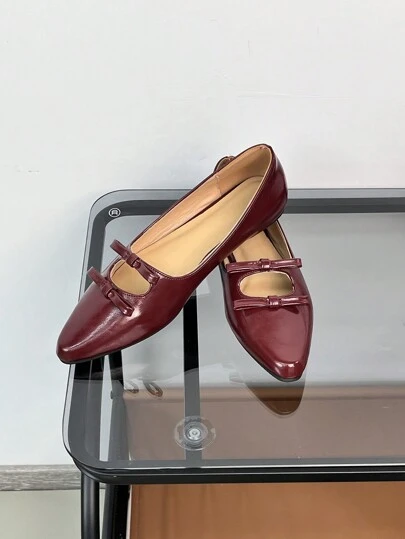 Burgundy Bowknot Decor Hollow-Out Pointed Toe Flat Shoes, New 2024 Autumn Leather Ladies Flats, Red Shoes