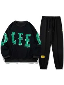 男士字母印花拼布格子连帽衫抽绳运动裤休闲装套装 - 黑色 - 查看 1