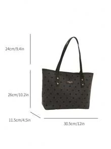 1 pezzo Borsa a tracolla nera in nylon con zip, stampa a fiocco, grande capacità, versatile, con rivetti, borsa tote alla moda con zip, borsa tote alla moda per signora