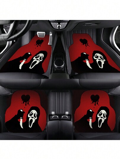 4 pezzi Tappetini decorativi per Ognissanti, tappetino per auto, fantasma rosa, rosso sanguinante, elementi di teschio urlante, tappetino per auto, adatto per la decorazione degli interni dell'auto, universale per accessori per interni auto, lavabile in lavatrice e anti-polvere