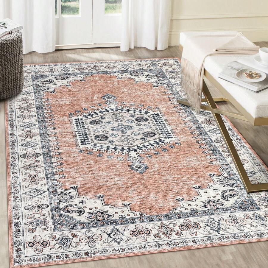 Kitchen Boho Machine Washable Print Area Rug Low Pile Floorcover Non Shedding Easy To Clean Carpet Non Slip Bordered Mat Throw Rug Stain Resistant Pet Friendly Thin Soft Doormat For Living Room  Dining Room Laundry Bedroom Bathroom Bedside - 橘色 - 查看 1