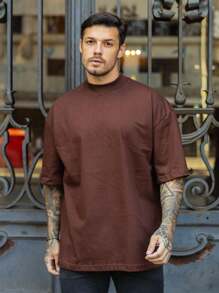 Oversized Plain Turtleneck T-Shirt Basic Men's Streetwear Unisex - 鏽棕色 - 查看 1