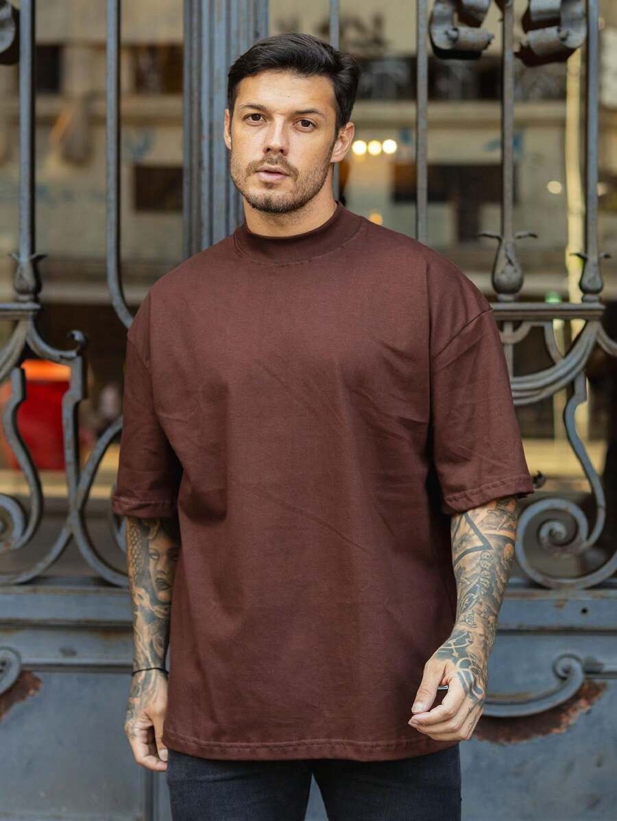 Oversized Plain Turtleneck T-Shirt Basic Men's Streetwear Unisex - 鏽棕色 - 查看 1