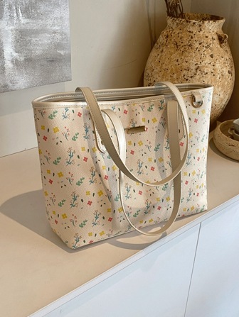 New Fashion Classic Versatile PU Solid Color Large Capacity Shoulder Tote Bag, Sweet Holiday Floral Pattern Decor Design, Ladies Elegant Wallet, Business Commute Bag, Suitable For Travel, Shopping, Commuting, Outing And Back To School Season