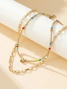 1 件多巴胺设计串珠多层字母“M”项链，女士生日礼物 - 金黃色 - 查看 2