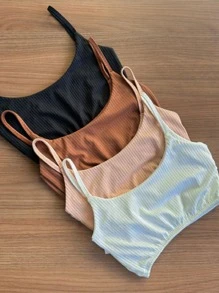 KIT 4 WOMEN'S RIBBED CROPPED WITH THIN STRAPS BLOGGER - 米色 - 查看 4