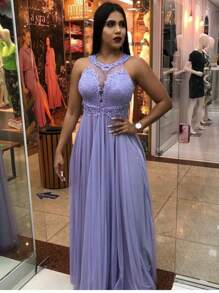 Long Party Dress Lace Swirl Tulle Skirt - Lilac Purple - View 1