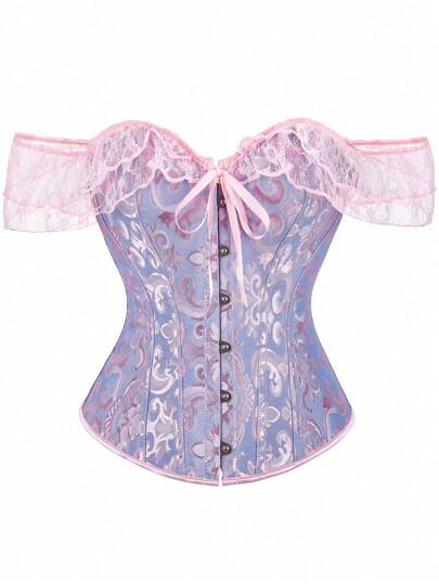 Top espartilho feminino com ombros de fora e cintura jacquard, alça de renda, modelador estilo palácio, festa de ano novo, dia dos namorados, tops de feriado, fantasia de Halloween, vintage