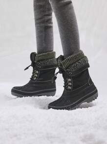 Kids Winter Snow Boots | Waterproof Insulated Mid Calf Ski Boots With Cozy Knit Collar For Boys & Girls - 黑與白 - 查看 3