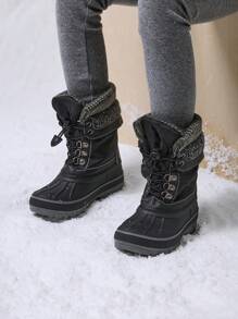 Kids Winter Snow Boots | Waterproof Insulated Mid Calf Ski Boots With Cozy Knit Collar For Boys & Girls - 黑與白 - 查看 2