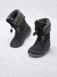 Kids Winter Snow Boots | Waterproof Insulated Mid Calf Ski Boots With Cozy Knit Collar For Boys & Girls - 黑與白 - 查看 1