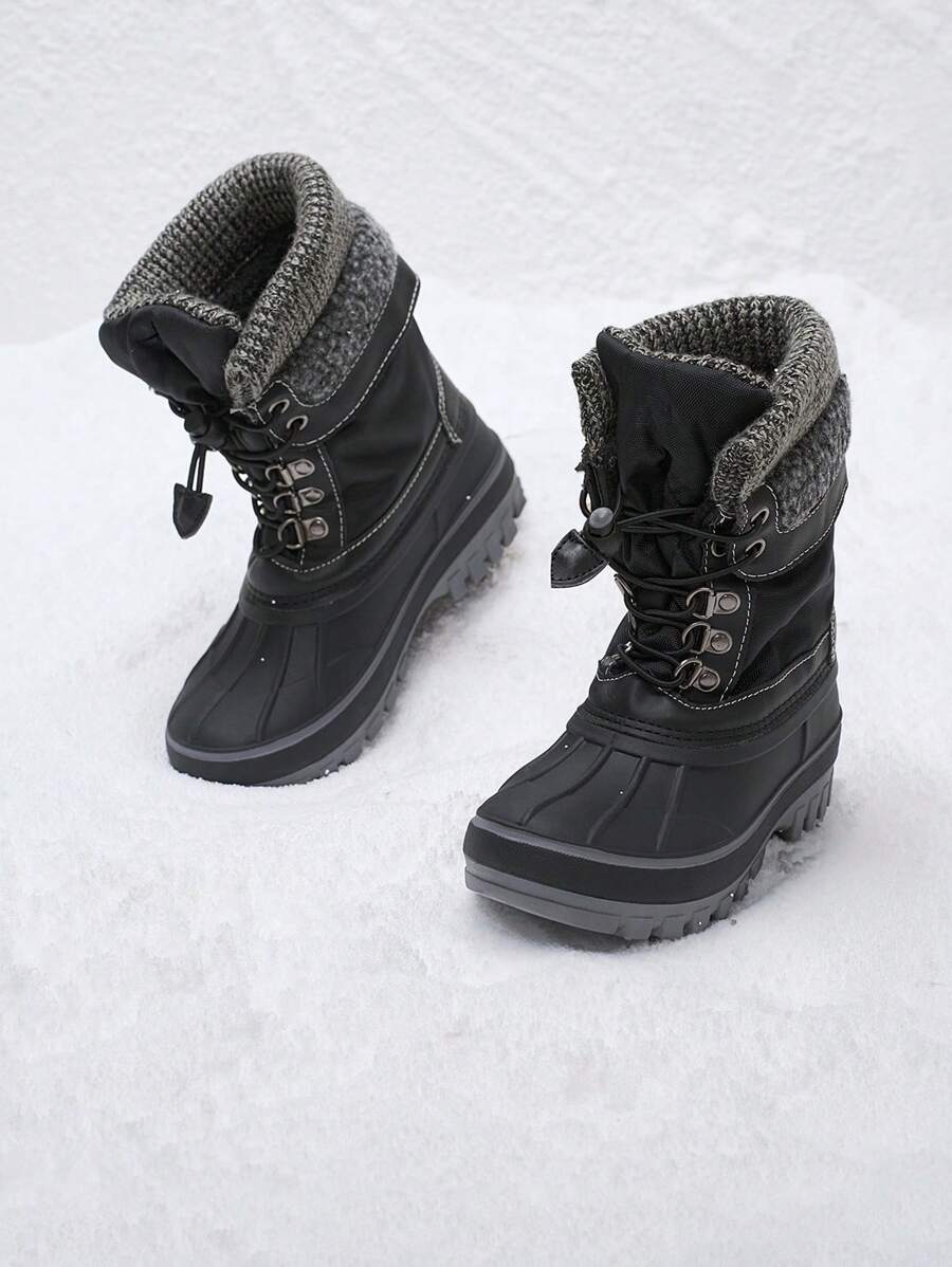 Kids Winter Snow Boots | Waterproof Insulated Mid Calf Ski Boots With Cozy Knit Collar For Boys & Girls - 黑與白 - 查看 1