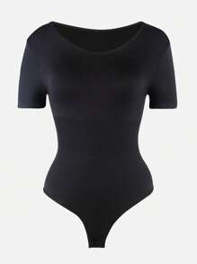 1 pieza Body negro sin costuras para mujer con escote de cuello y manga corta, sexy body-tanga