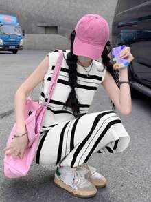 Women's Casual Sleeveless Striped Printed Dress - White - View 3