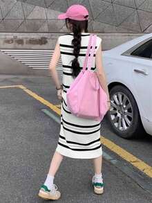 Women's Casual Sleeveless Striped Printed Dress - White - View 2