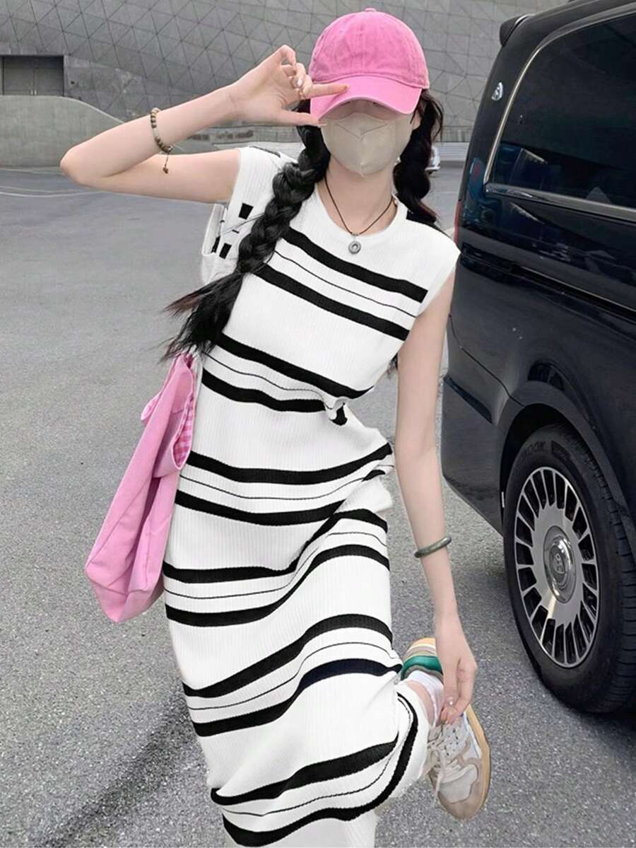 Women's Casual Sleeveless Striped Printed Dress - White - View 1
