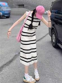 Women's Casual Sleeveless Striped Printed Dress - White - View 4