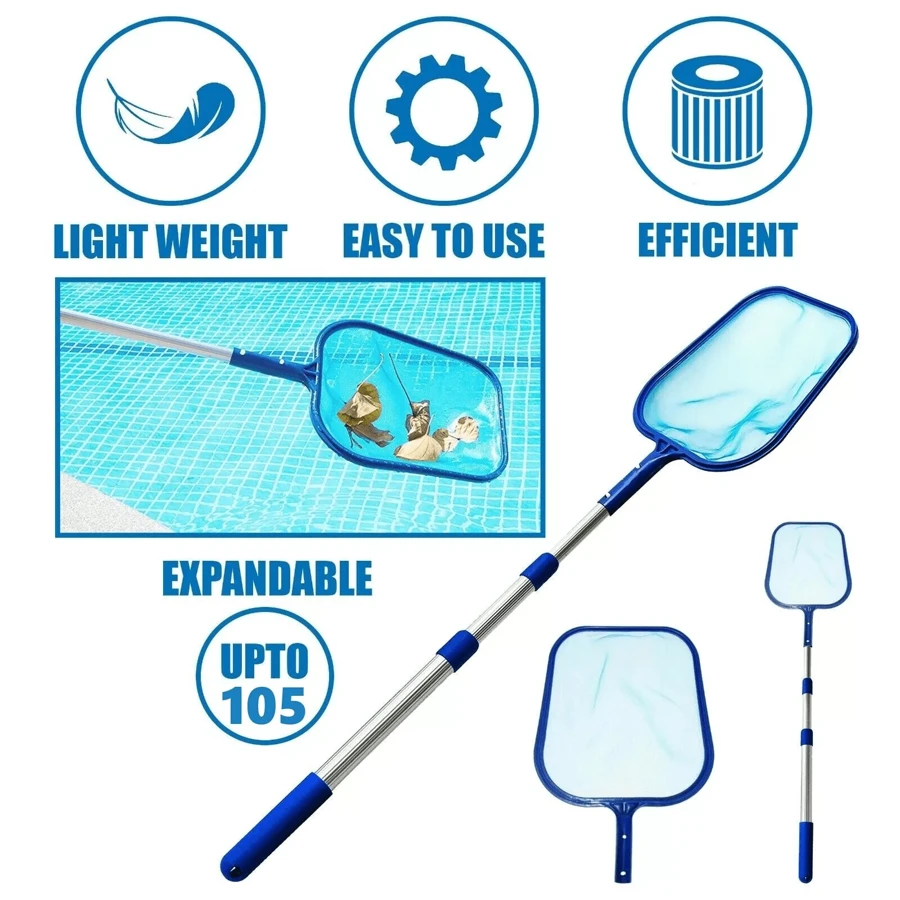 Swimming Pool Debris Leaf Skimmer Mesh Net 3 Way Cleaning & Telescopic Pole - Blue - View 1