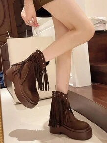 复古西部牛仔靴女时尚搭配开衫秋冬新款厚底流苏时尚百搭街头辣妹骑士靴子搭配毛衣 - 棕色 - 查看 4
