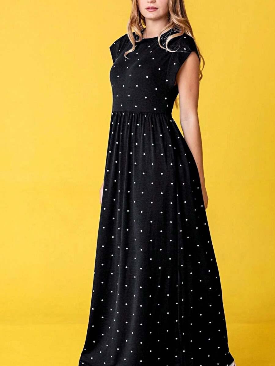 Boho Retro Polka Dot Rayon Mix Casual Maxi Dress With Folded Cap Sleeve Side Pockets Versatile Summer Dress For Women - 黑色 - 查看 1