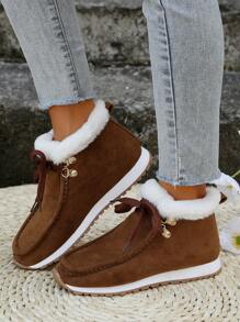 Women's Casual Faux Suede Ankle Boots With Thick Sole And Thermal Lined , Lace-Up, Brown, Winter - Brown - View 4