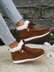 Women's Casual Faux Suede Ankle Boots With Thick Sole And Thermal Lined , Lace-Up, Brown, Winter - Brown - View 3