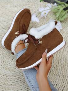 Women's Casual Faux Suede Ankle Boots With Thick Sole And Thermal Lined , Lace-Up, Brown, Winter - Brown - View 1
