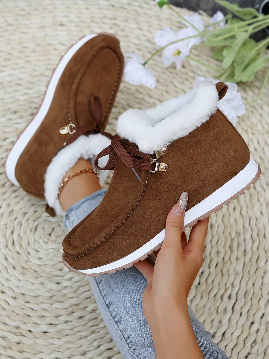 Women's Casual Faux Suede Ankle Boots With Thick Sole And Thermal Lined , Lace-Up, Brown, Winter - Brown - View 1