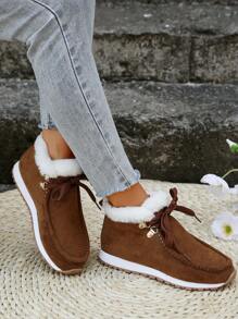 Women's Casual Faux Suede Ankle Boots With Thick Sole And Thermal Lined , Lace-Up, Brown, Winter - Brown - View 2