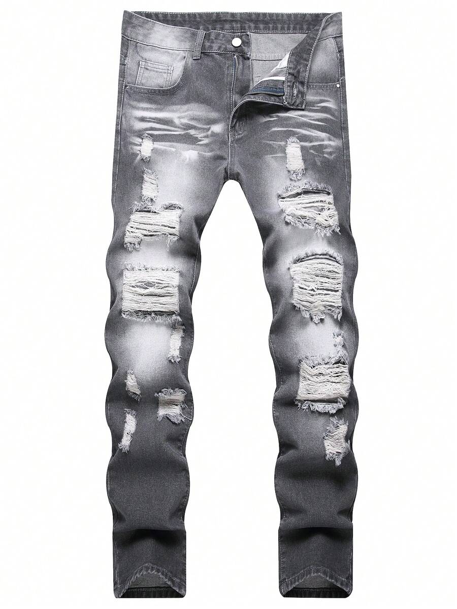 Men's Slim Fit Ripped Straight Leg Jeans - Dark Grey - View 1