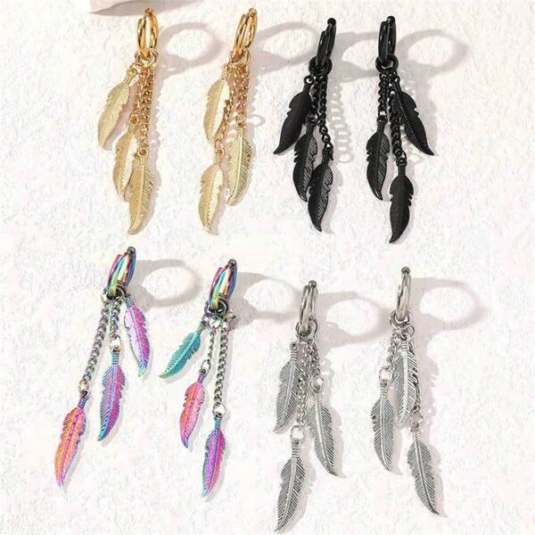 1pair Elegant Minimalist Stainless Steel 18K Gold Plated Colorful Feather Earrings, Women Party Jewelry
