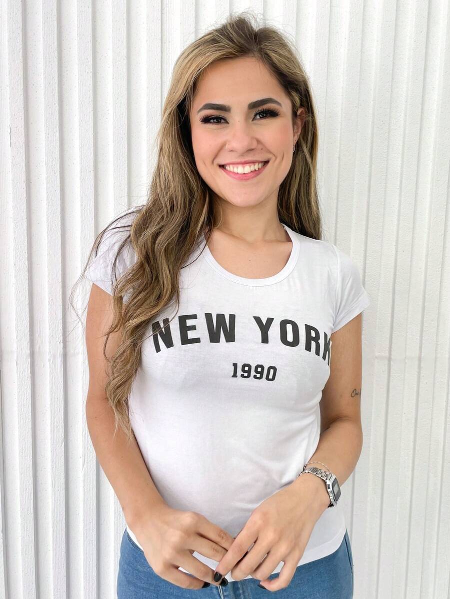 Women's Baby Look New York Print Short Sleeve Blouse - trắng - Xem 1