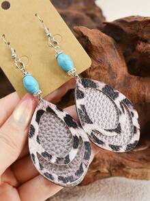 1 Đôi Bông Tai Da Báo & Họa Tiết Bohemian Có Điểm Nhấn Màu Ngọc Lam, Bông Tai Lủng Lủng Nhẹ Phong Cách Phương Tây Dành Cho Nữ - bông tai da - Xem 15