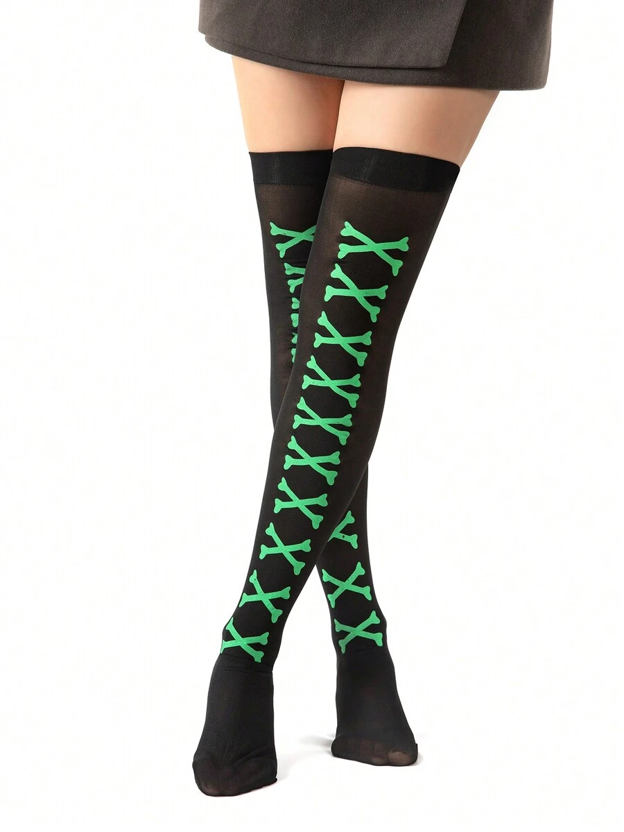 Halloween Skeleton Print Knee High Socks Skull - Multicolor - View 1