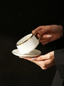 1 套 200 毫升白色陶瓷咖啡杯碟套装，带金色边缘，奢华光面下午茶杯配勺子，适用于咖啡或茶 - 彩色 - 查看 11