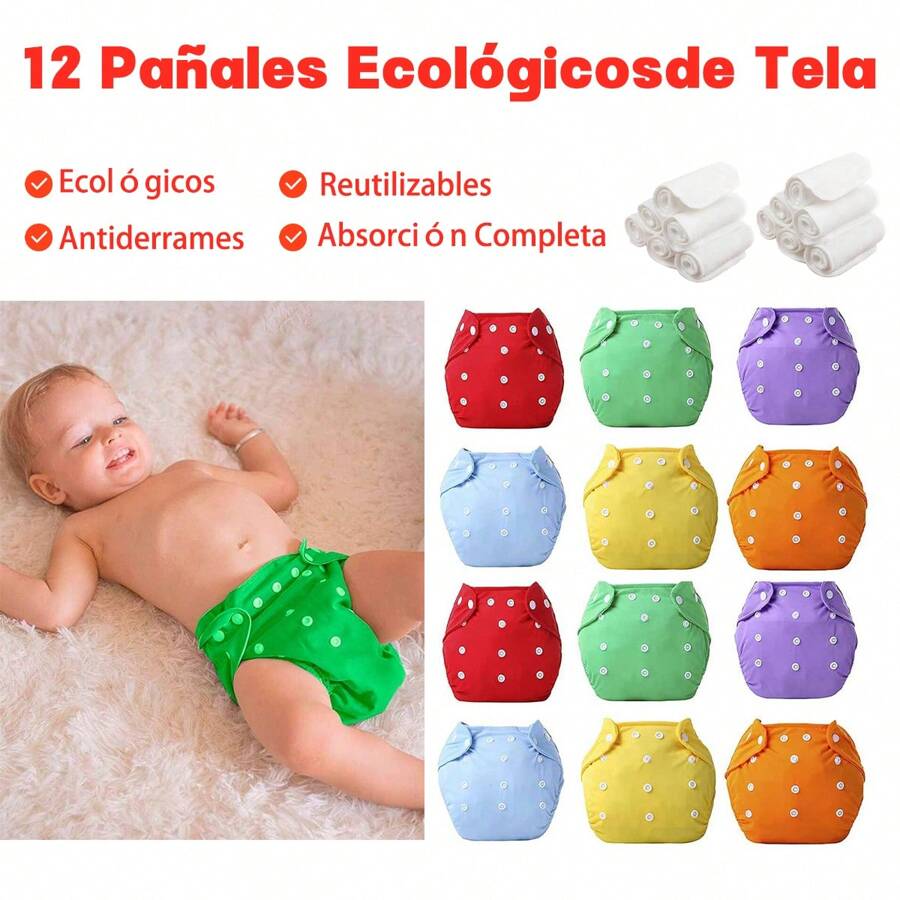 Pañales Ecológicos de Tela para Bebe 6 o 12 pzas ¡Descubre la Comodidad y Sostenibilidad! Pañales Ecológicos Unitalla con Inserciones Incluidas para Bebés de 0 a 3 años