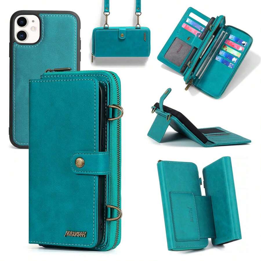 Compatible With IPhone 11 Wallet Case,IPhone 11 Case With Card Holder,Multi-Function Wallet Case,2 In 1 Detachable Magnetic Wallet Case With Card Holder,PU Leather Flip Cover With Lanyard,13 Card Slots Blue For Halloween, Christmas, Birthday, New Year Gifts, Gifts For Friends