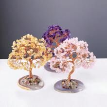 1PC Natural Crystal Lucky Tree Copper Wire Winding Colorful Gravel With Agate Slice Base Home Decoration Money Trees