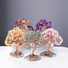 1PC Natural Crystal Lucky Tree Copper Wire Winding Colorful Gravel With Agate Slice Base Home Decoration Money Trees