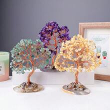 1PC Natural Crystal Lucky Tree Copper Wire Winding Colorful Gravel With Agate Slice Base Home Decoration Money Trees