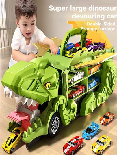 Camión de transformación de dinosaurio 3 en 1 para niños, Tiranosaurio Rex portátil y plegable con pista deslizante, almacenamiento, modo de deglución, coche de aleación con múltiples modos de juego, juguete interactivo para padres e hijos, adecuado para niños y niñas de 3 a 12 años, regalo de Navidad