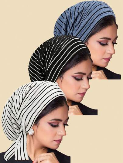 1pc Stripes Pattern Tail Tie Headband Cap, Chemo Hat For Women